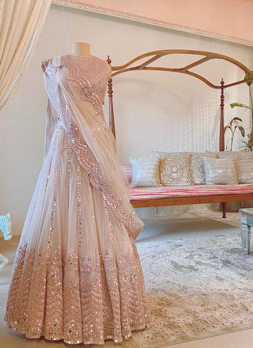 Party Wear Baby Pink Soft Net Foil Mirror Work Lehenga Choli